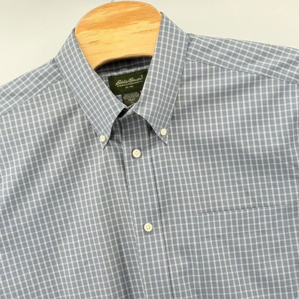 Vintage Eddie Bauer Mens XL Blue Plaid Button Down LS Wrinkle Resistant Shirt